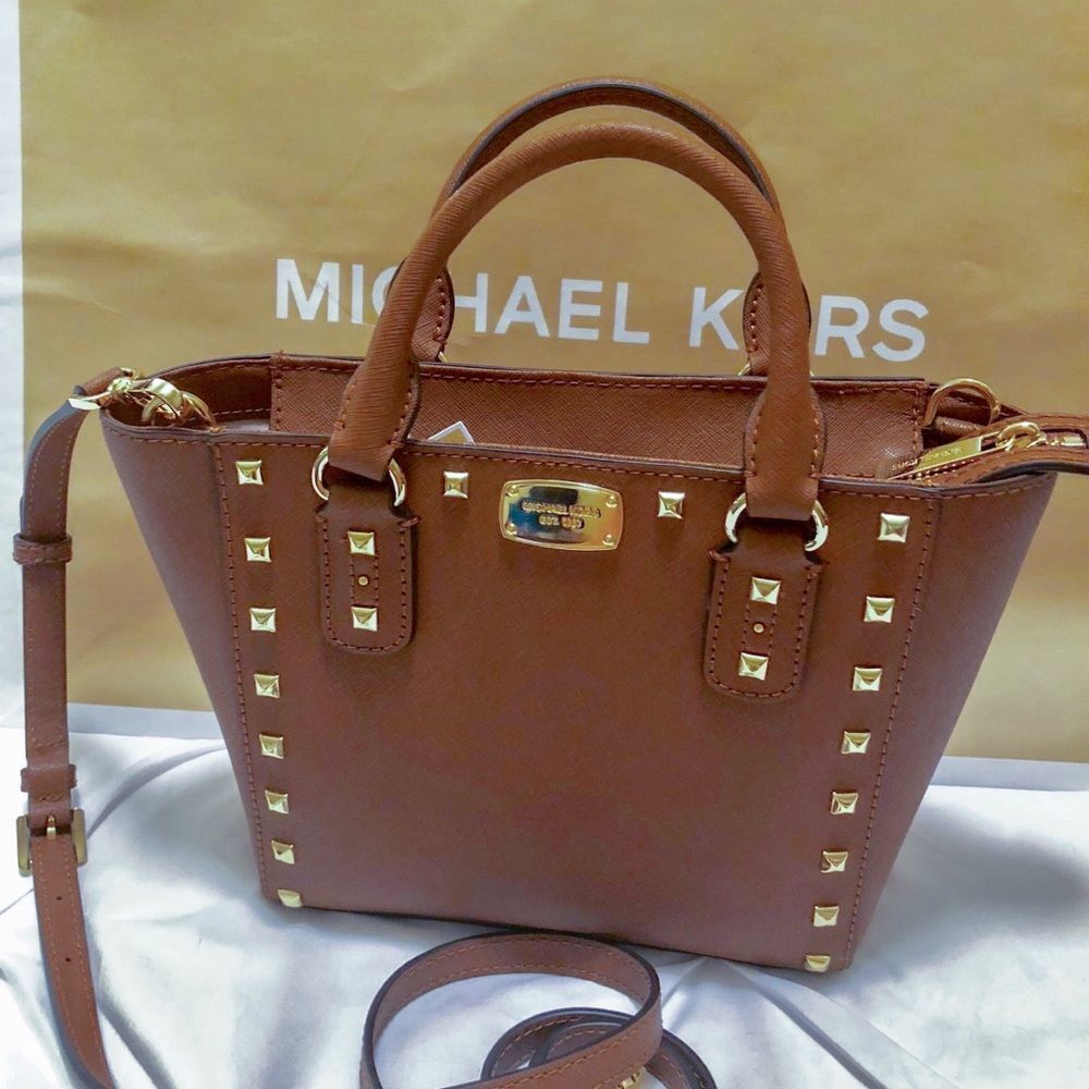 Michael Kors Sandrine Brown Leather Gold Studs CrossBody Satchel Purse Like New